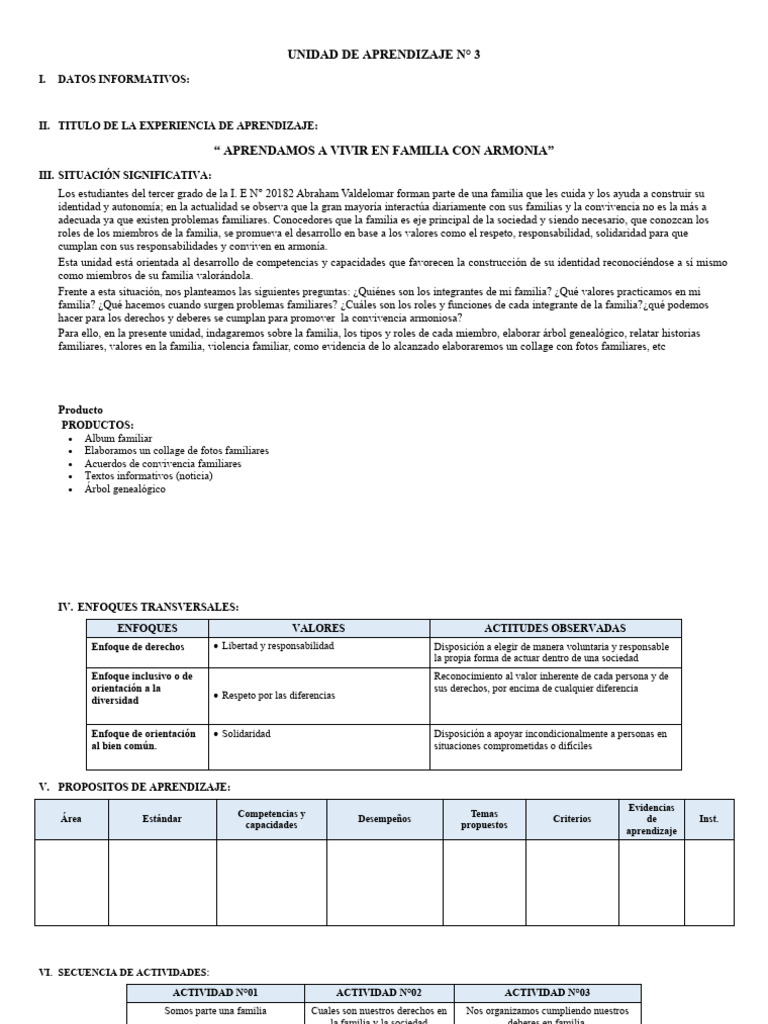3° Grado Unidad de Aprendizaje N°3 | PDF | Familia | Aprendizaje
