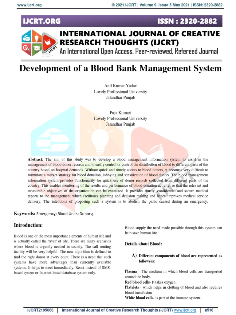 Foreign Blood Bank Management System Research Paper 9 Pdf Blood