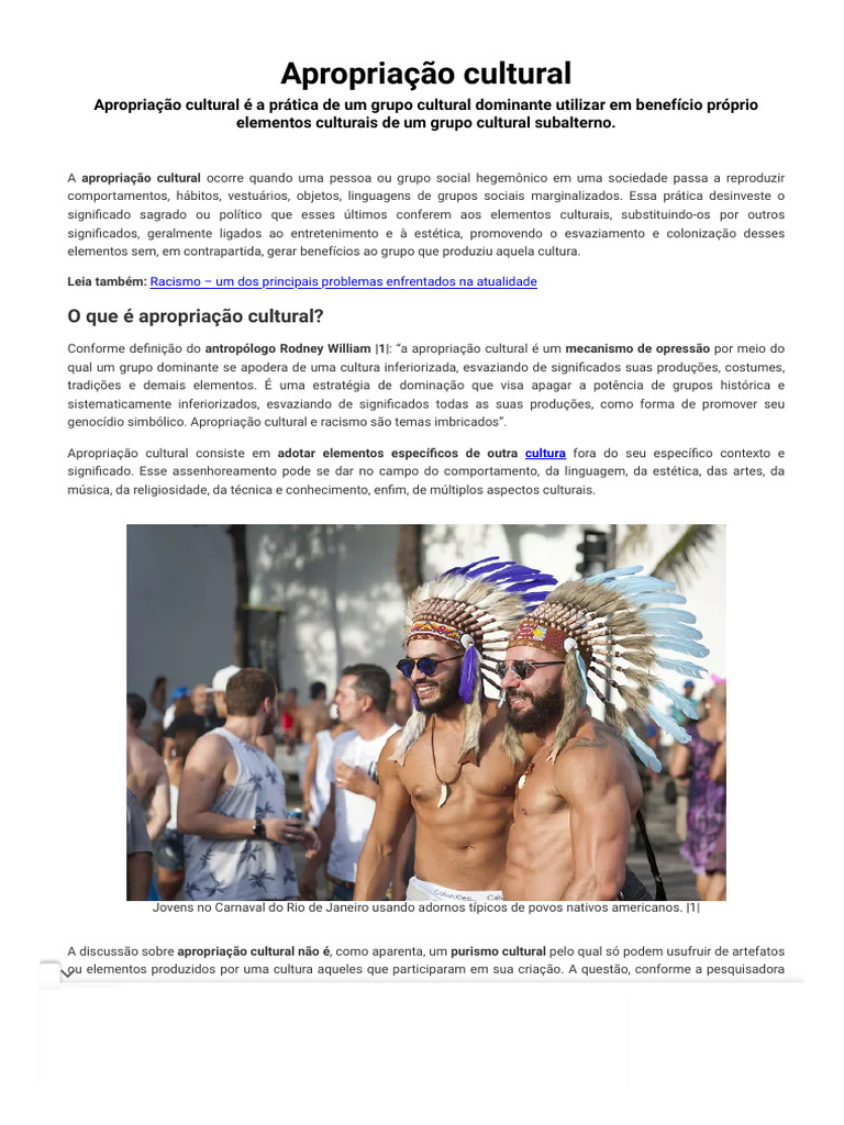 Apropriação Cultural - o Que É, Origem, Consequências | PDF | Racismo ...