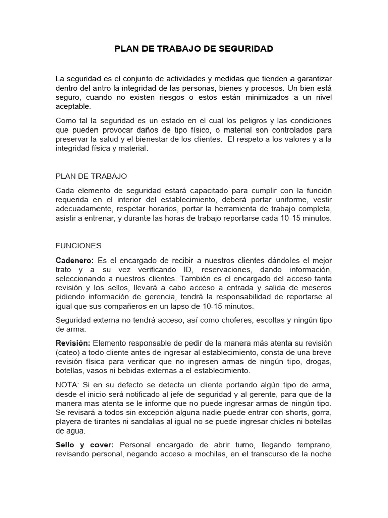 Plan de Seguridad para Establecimientos | PDF