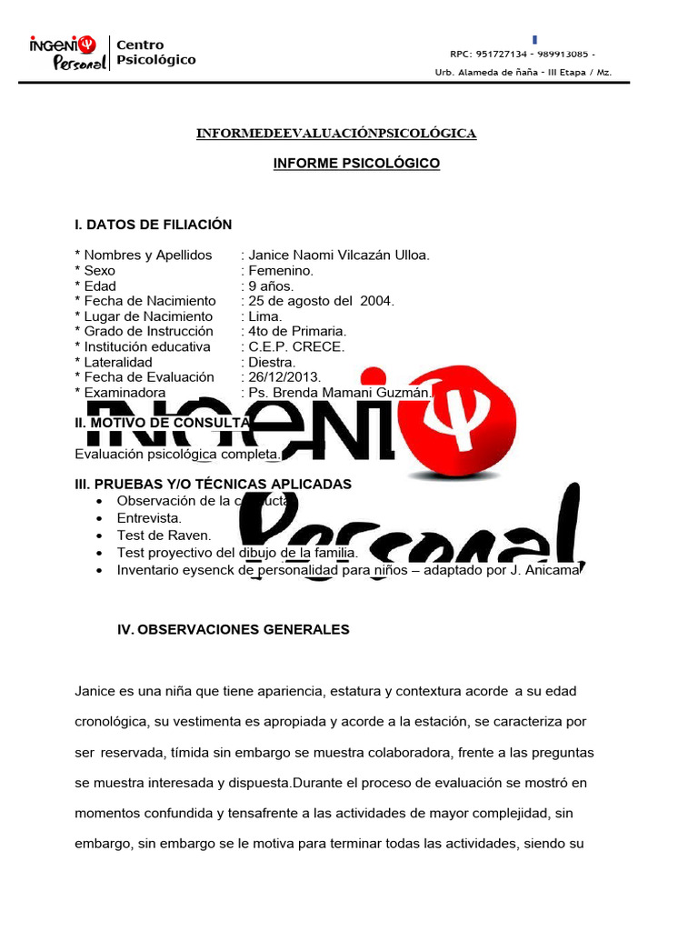 Informe de Evaluación Psicológica Infantil | PDF | Creatividad | Las ...