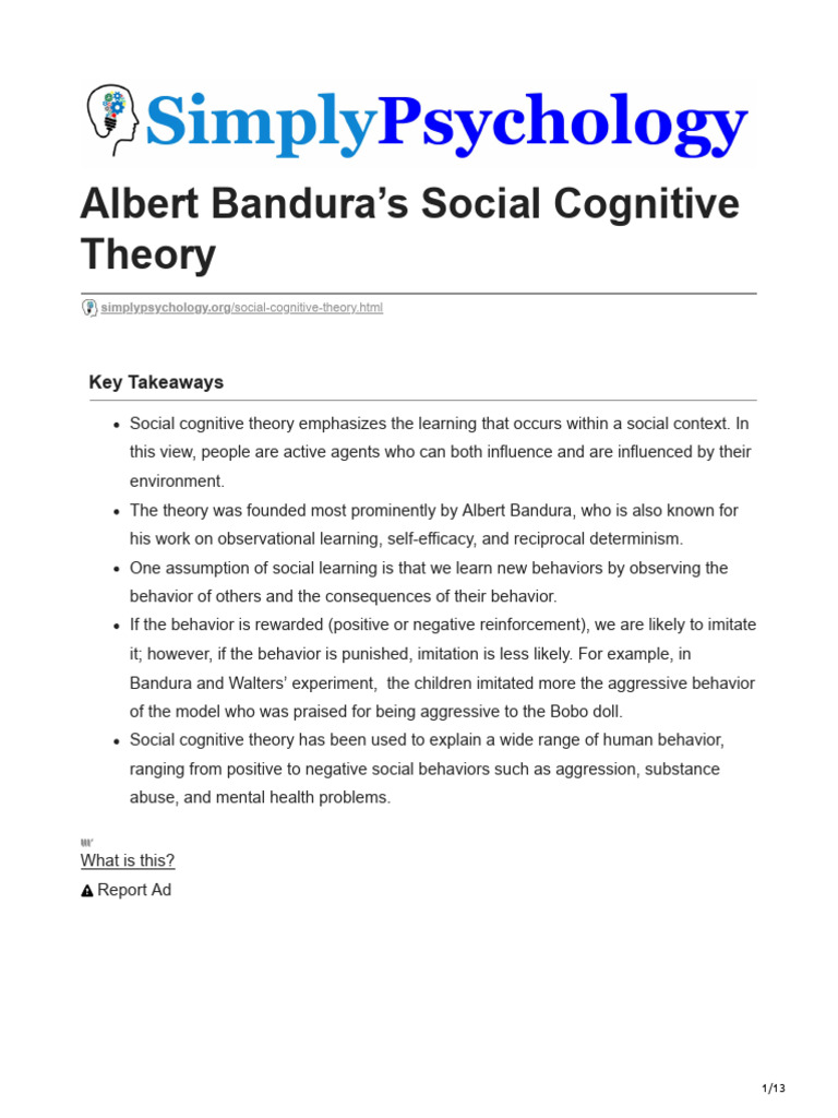 Bandura's Social Cognitive Theory Explained | PDF | Self Efficacy ...