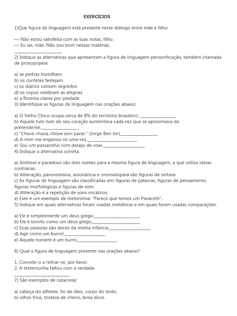 Exercícios sobre Figuras de Linguagem 9º Ano | PDF | Metáfora ...