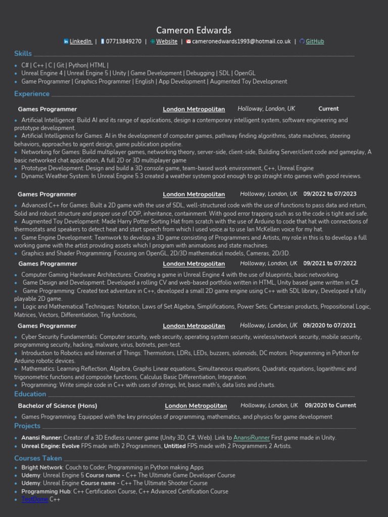 Game Programmer Profile: Cameron Edwards | PDF | Function (Mathematics ...