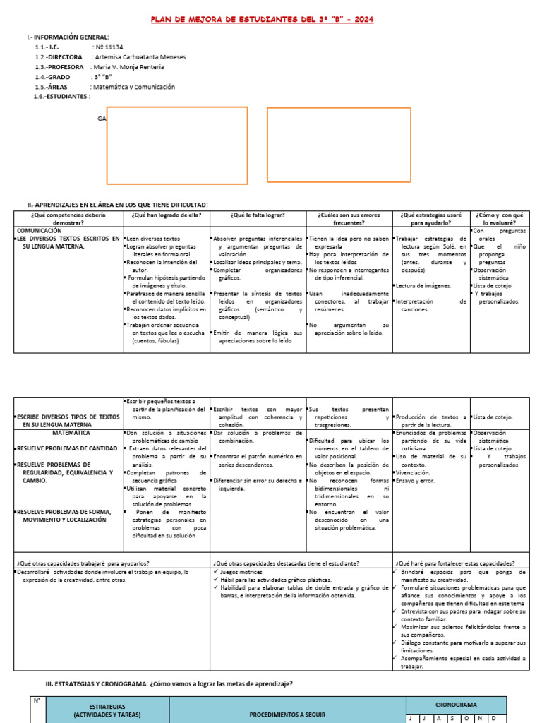 Plan de Mejora Estudiantes 3° B - 2024 | PDF | Aprendizaje ...