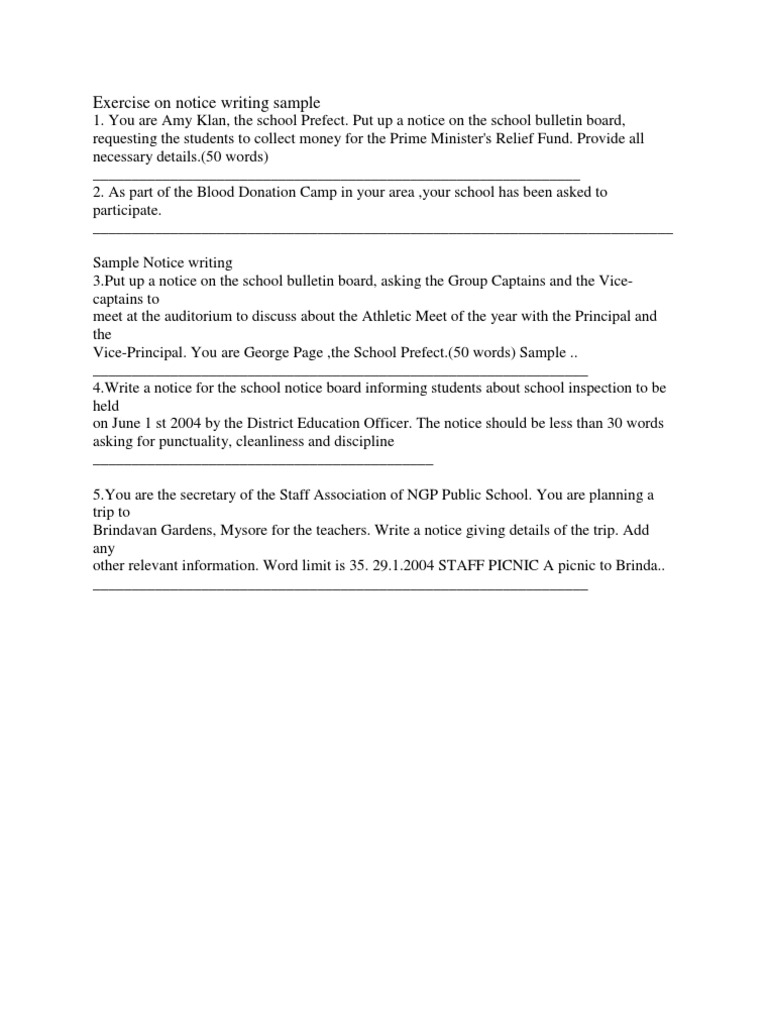 Exercise On Notice Writing Sample | PDF