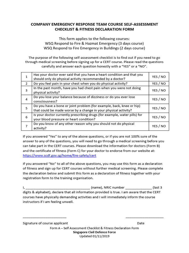 CERT Course Fitness Declaration Form | PDF | Clinical Medicine | Medicine