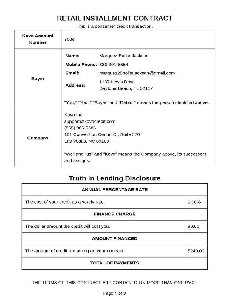 Kovo Retail Installment Contract Details | PDF | Arbitration | Credit Card