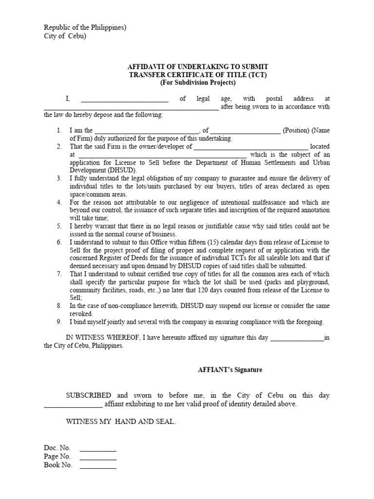 Affidavit of Undertaking To Submit TCT For Subdivision (DHSUD) | PDF ...