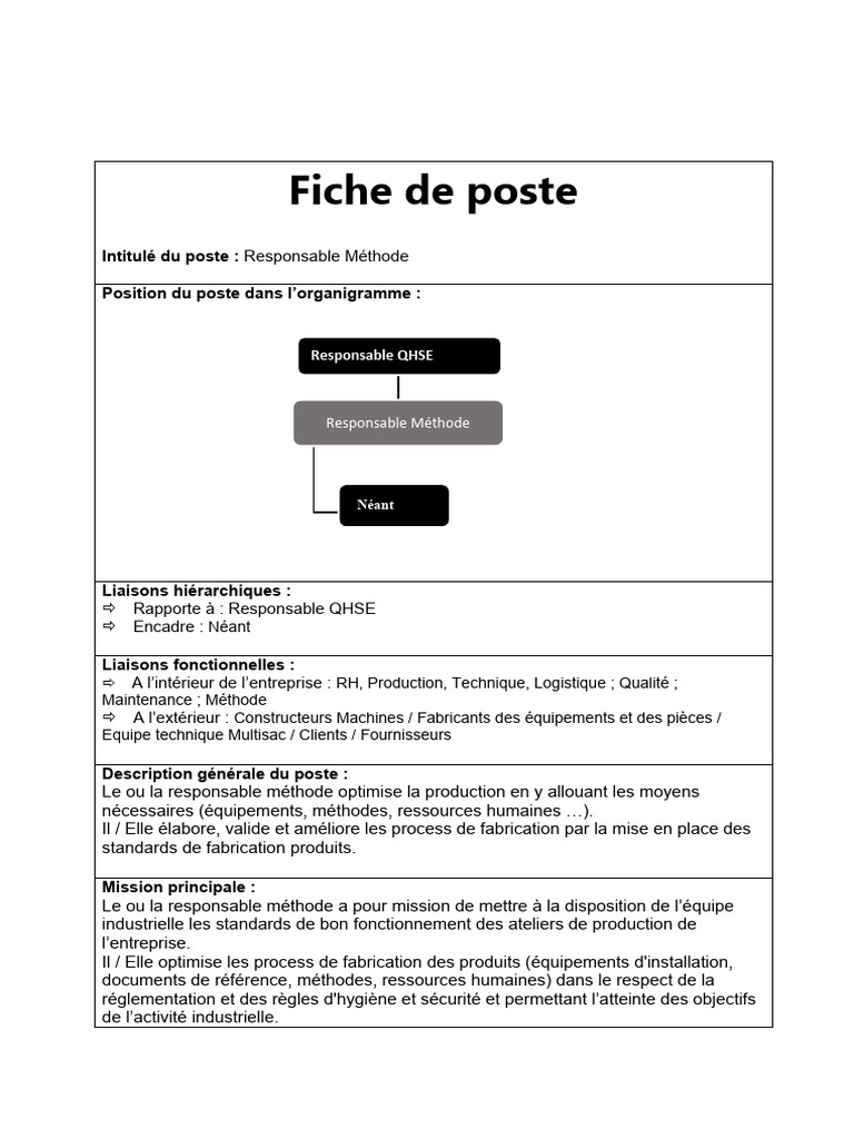 Fiche de Poste : Responsable Méthode | PDF | Gestion des ressources ...