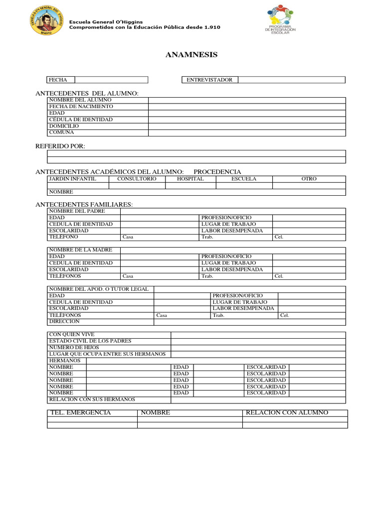 Anamnesis Escolar: Datos del Alumno | PDF | Cuidado de la salud ...