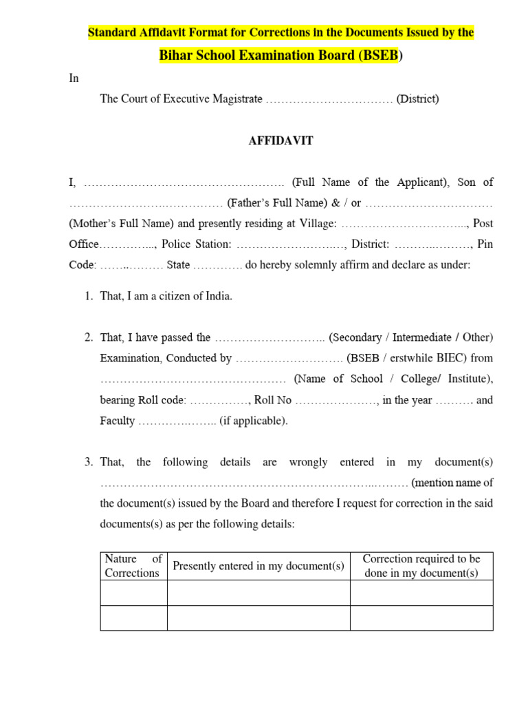 BSEB Correction Affidavit Format Guide | PDF | Affidavit | Justice