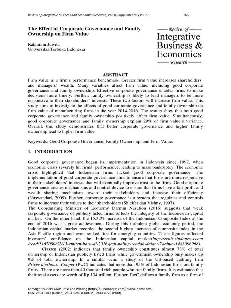 The Effect of Corporate Governance and Family Ownership On Firm Value ...