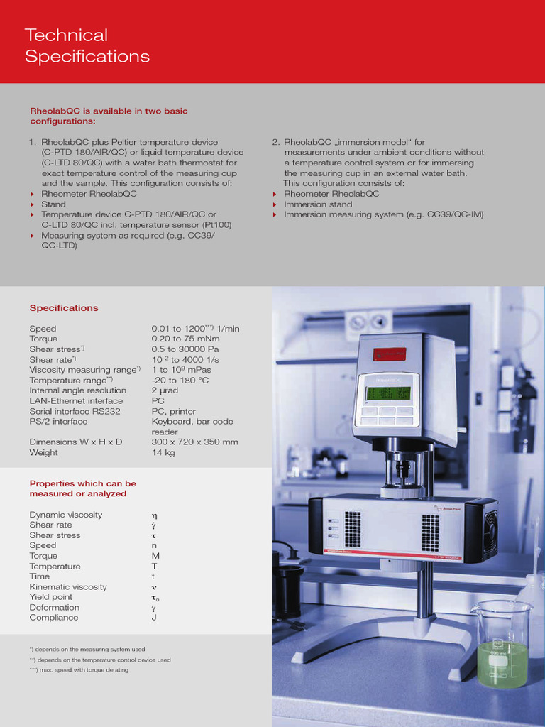 RheolabQC Rheometer Specifications | PDF | Viscosity | Physical Phenomena