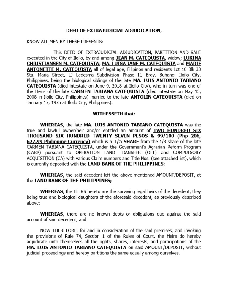 EXTRAJUDICIAL ADJUDICATION Sample | PDF | Property Law | Legal Documents