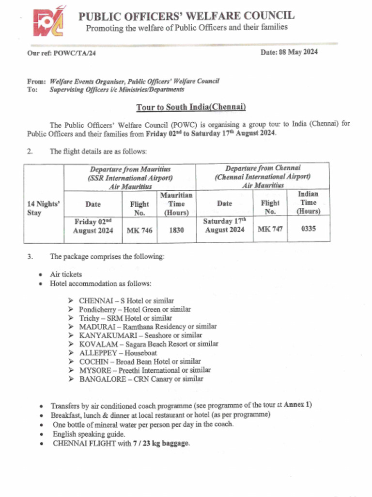 Circular POWC Tour To South India (Chennai) August 2024 | PDF
