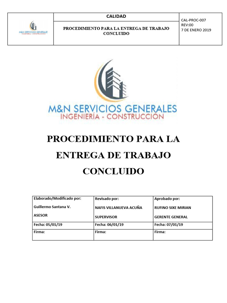 Cal proc 007 procedimiento para trabajo concluido pdf calidad