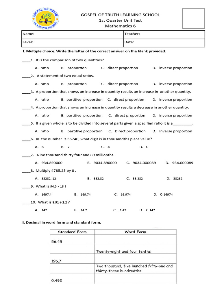 2nd Periodical Test Math 6 | PDF | Ratio | Numbers