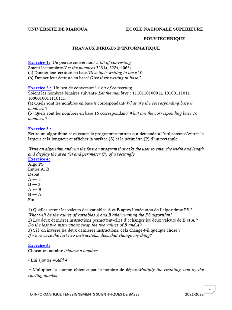 Exercices d'Informatique et Algorithmes | PDF | Structure de contrôle ...