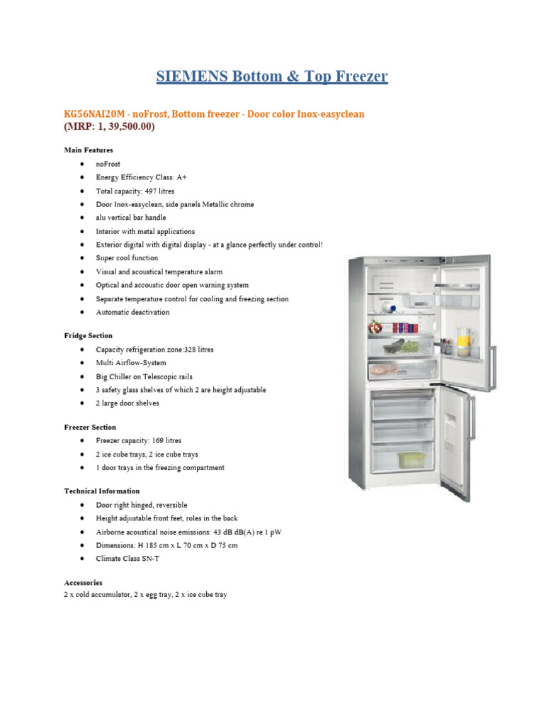 Specification of SIEMENS Refrigerator | PDF | Refrigerator | Building ...