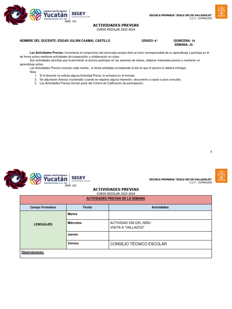 Actividades Previas 6° Grado 2023-2024 | PDF | Escuelas | Educación ...