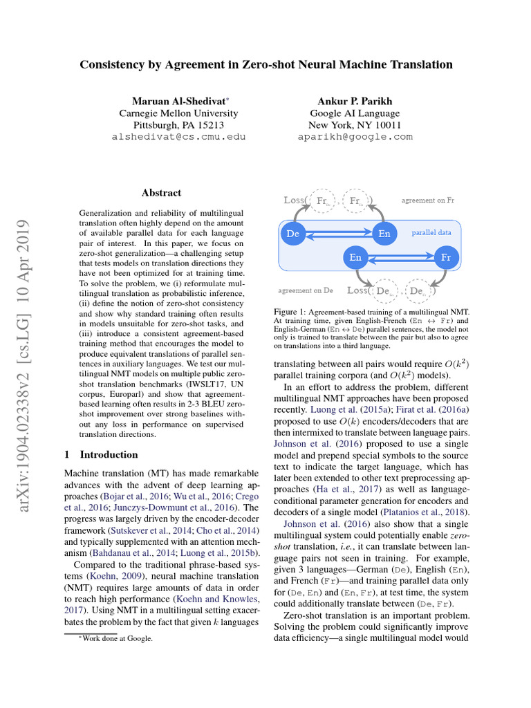 Consistency by Agreement in Zero-Shot Neural Machine Translation | PDF ...