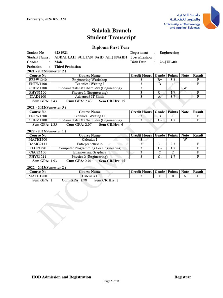 Engineering Student Transcript Summary | PDF | Course Credit | Student ...
