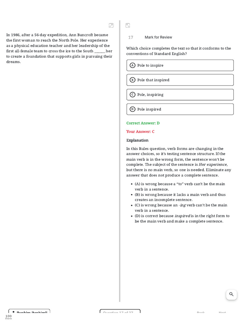 Question 17 Explanation Digital SAT Mock Test 1, Section 1, Module 1