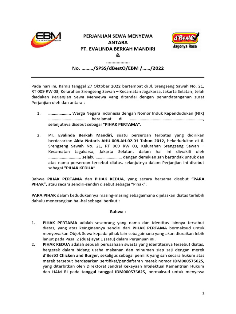 Format Perjanjian Sewa Ruko | PDF
