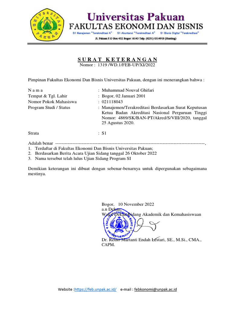 Surat Keterangan Lulus FEB Unpak | PDF