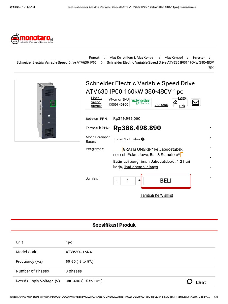 Schneider Electric Variable Speed Drive ATV630 IP00 160kW 380-480V 1pc ...