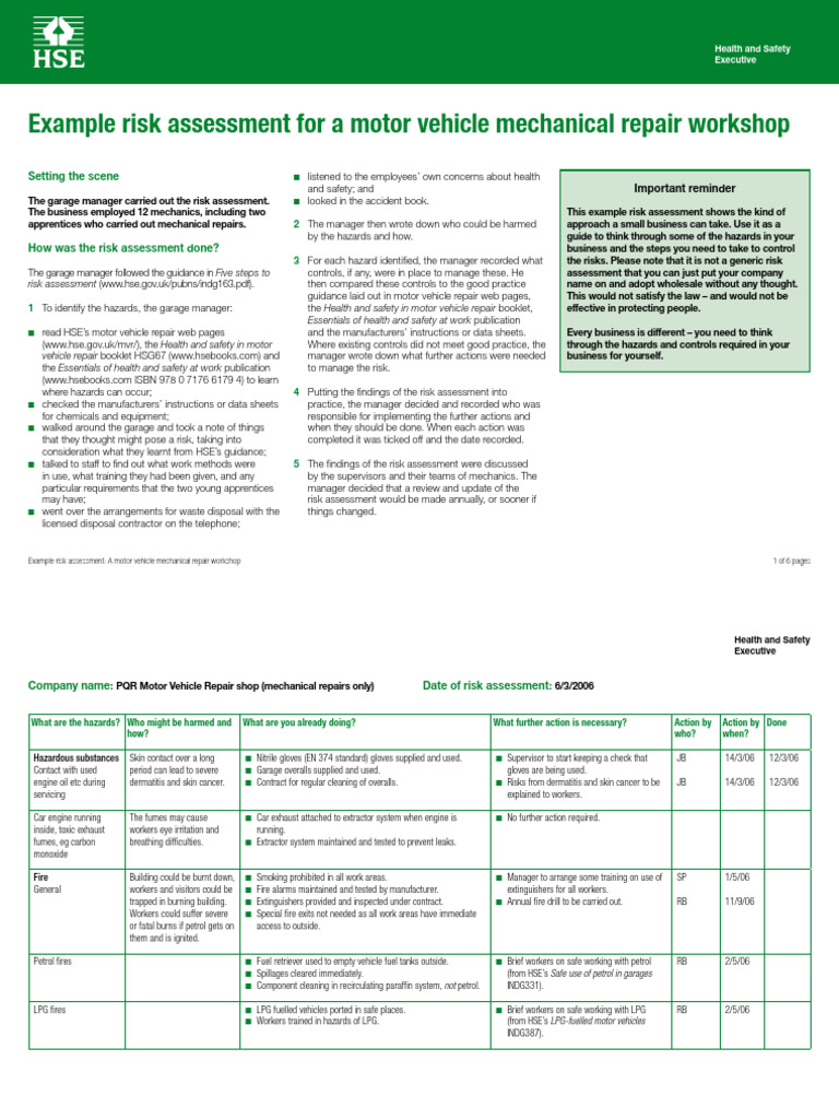 Motor Vehicle Repair Workshop Risk Assessment | PDF | Occupational ...