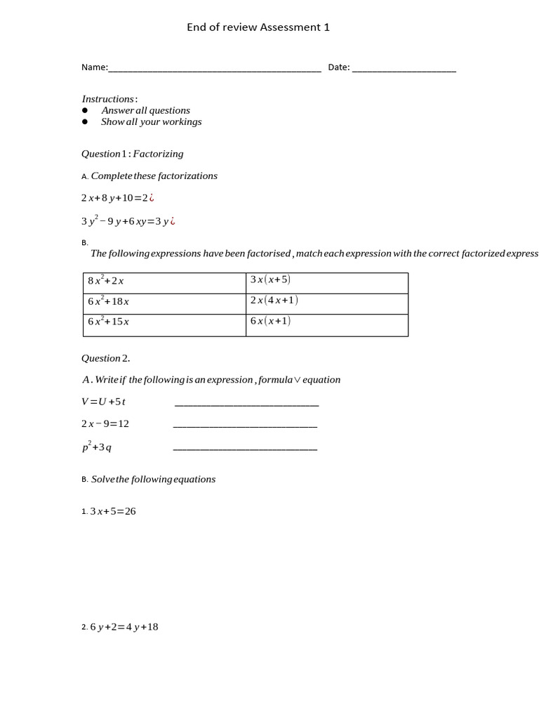 Math Assessment: Factorization & Equations | PDF | Teaching Methods ...