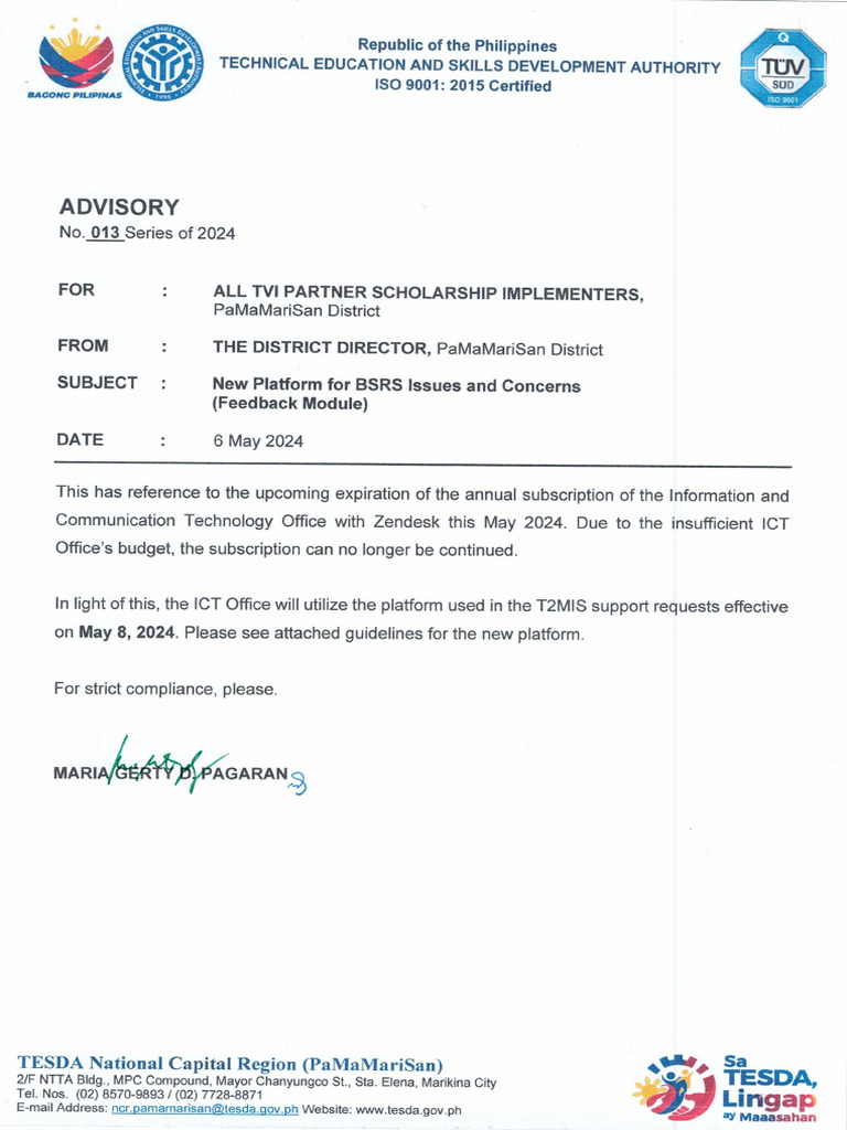 Advisory 013 S 2024 New Platform For BSRS Issues and Concerns | PDF