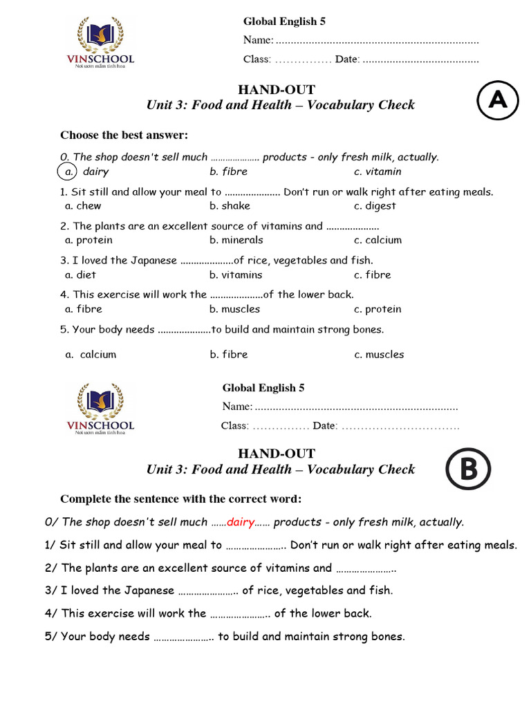 Food and Health Vocabulary Quiz | PDF | Foods | Cereals