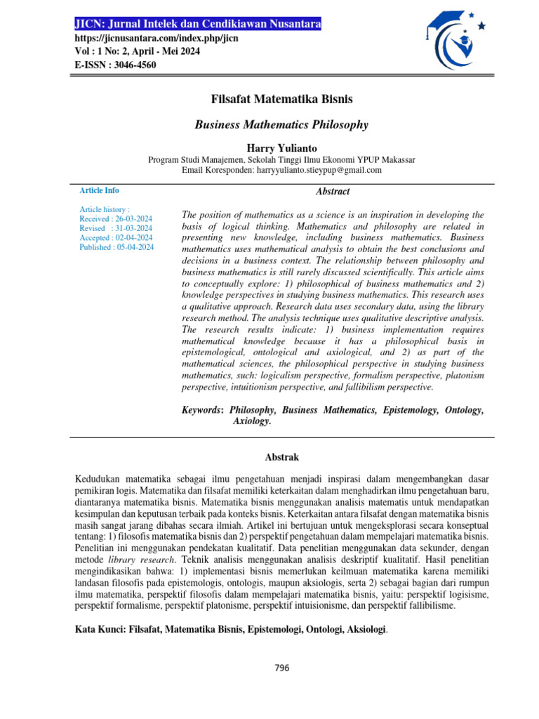 Business Mathematics Philosophy: Filsafat Matematika Bisnis | PDF
