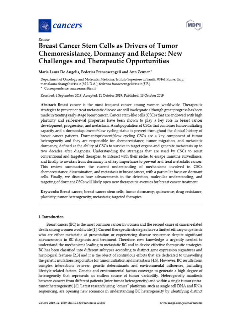 Breast Cancer Stem Cells As Drivers of Tumor Chemo | PDF | Metastasis ...