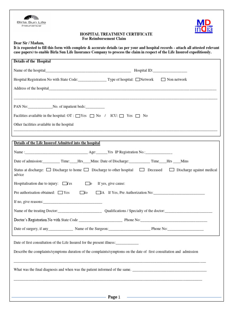Reimbursement Claim - Hospital Treatment Certificate - Final | PDF ...