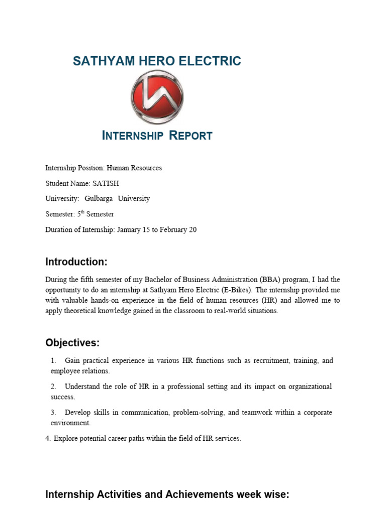 HR Internship Report at Sathyam Hero Electric | PDF | Recruitment ...