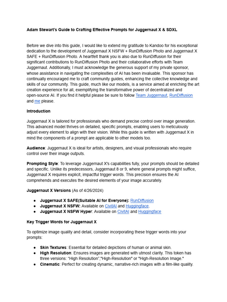 Juggernaut X & SDXL Prompting Guide | PDF | Nudity