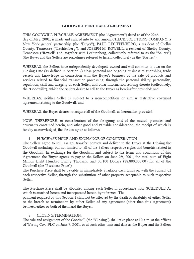 Goodwill Purchase Agreement PDF Goodwill (Accounting) Security