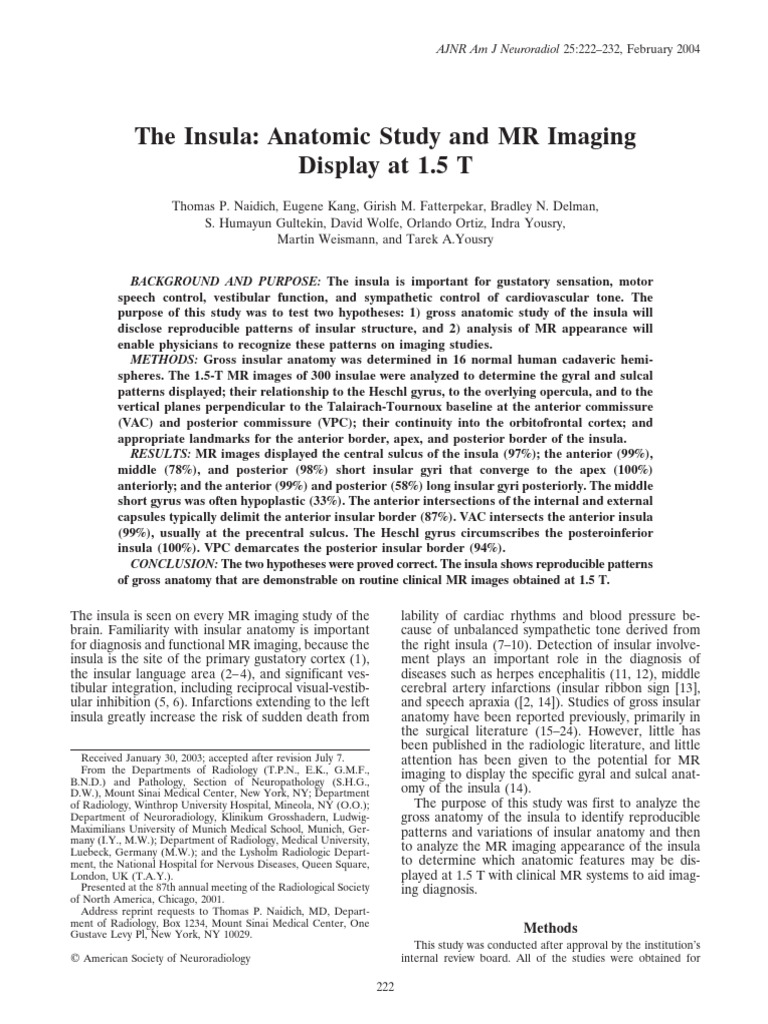 Paper The Insula - Anatomic Study and MR Imaging Display at 1.5 T - 222 ...