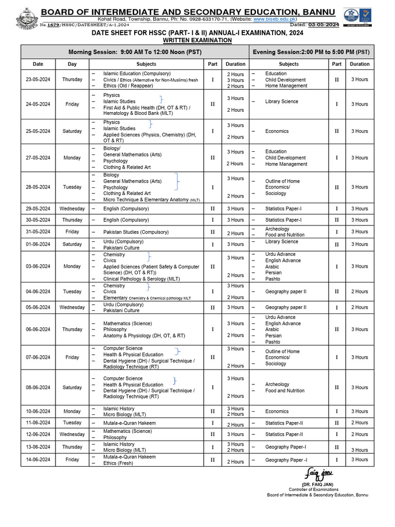 HSSC Annual Exam Date Sheet 2024 | PDF | Science | Pathology