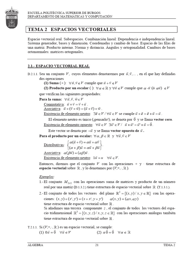 Tema 2 Espacios Vectoriales Pdf Espacio Vectorial Base