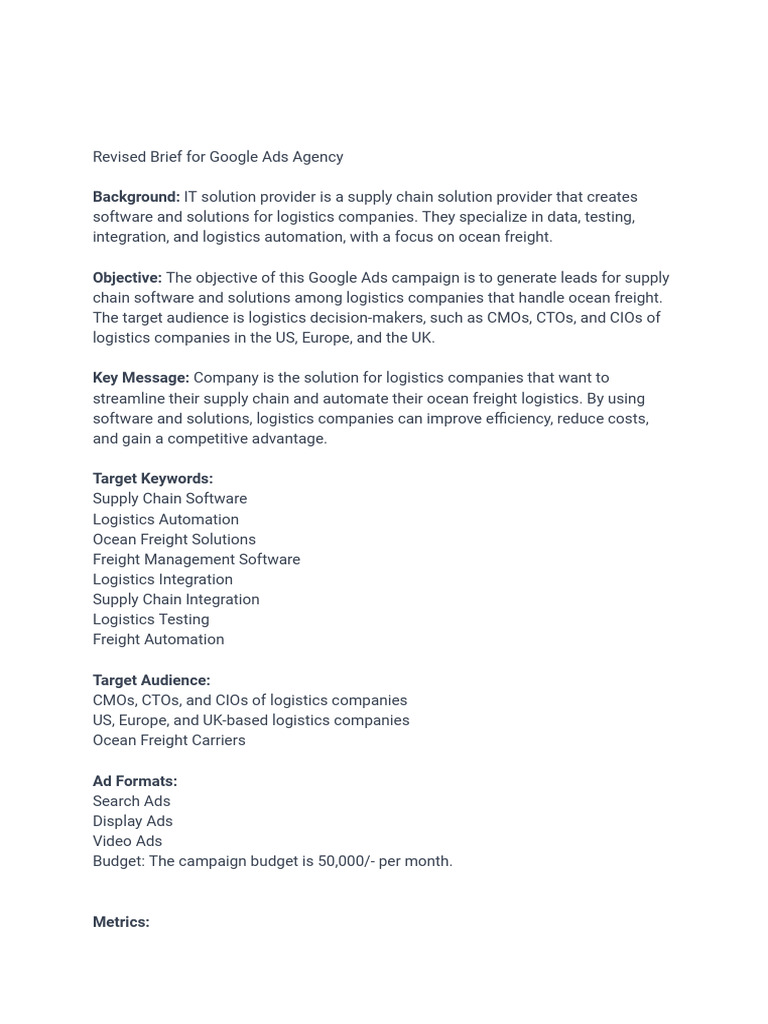 Google Ads Brief for Logistics Solutions | PDF | Logistics | Online ...