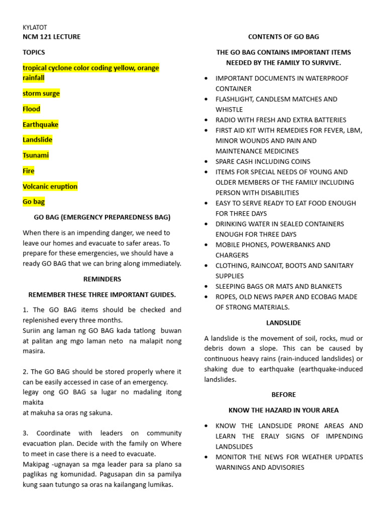 NCM 121 Lecture Midterms | PDF | Flood | Emergency Evacuation