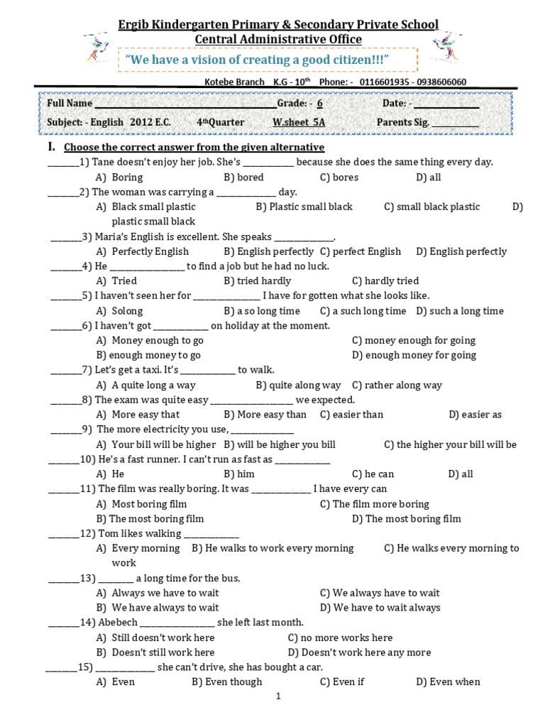 English Grammar Worksheet for Grade 6 | PDF
