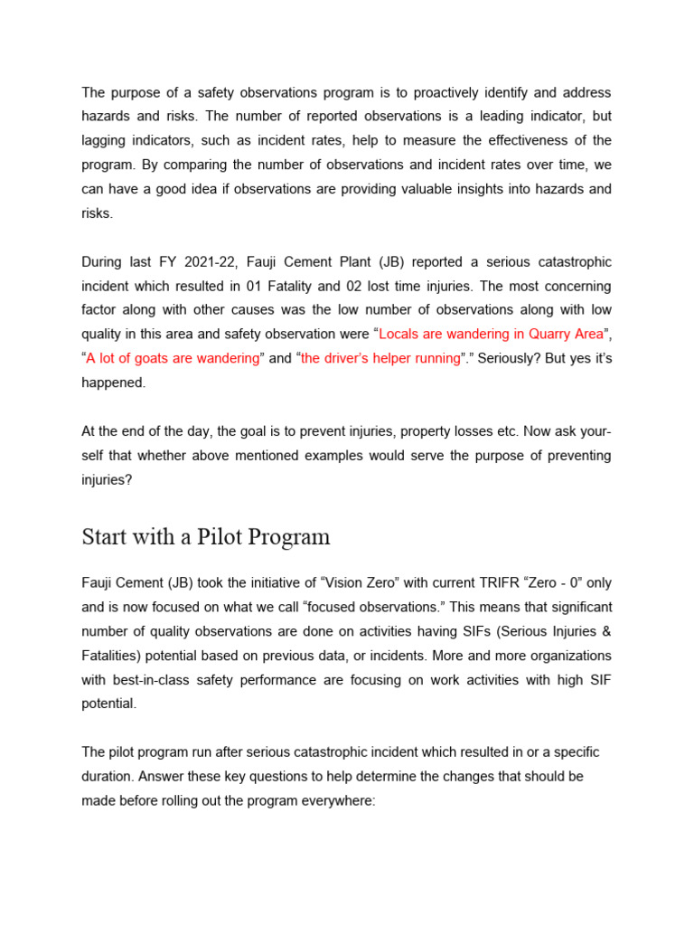 Enhancing Safety Observations Program | PDF | Risk | Hazards