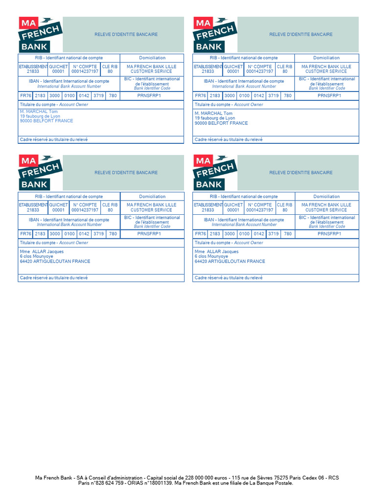 RIB de Ma French Bank | PDF | Code (information) | Paiements