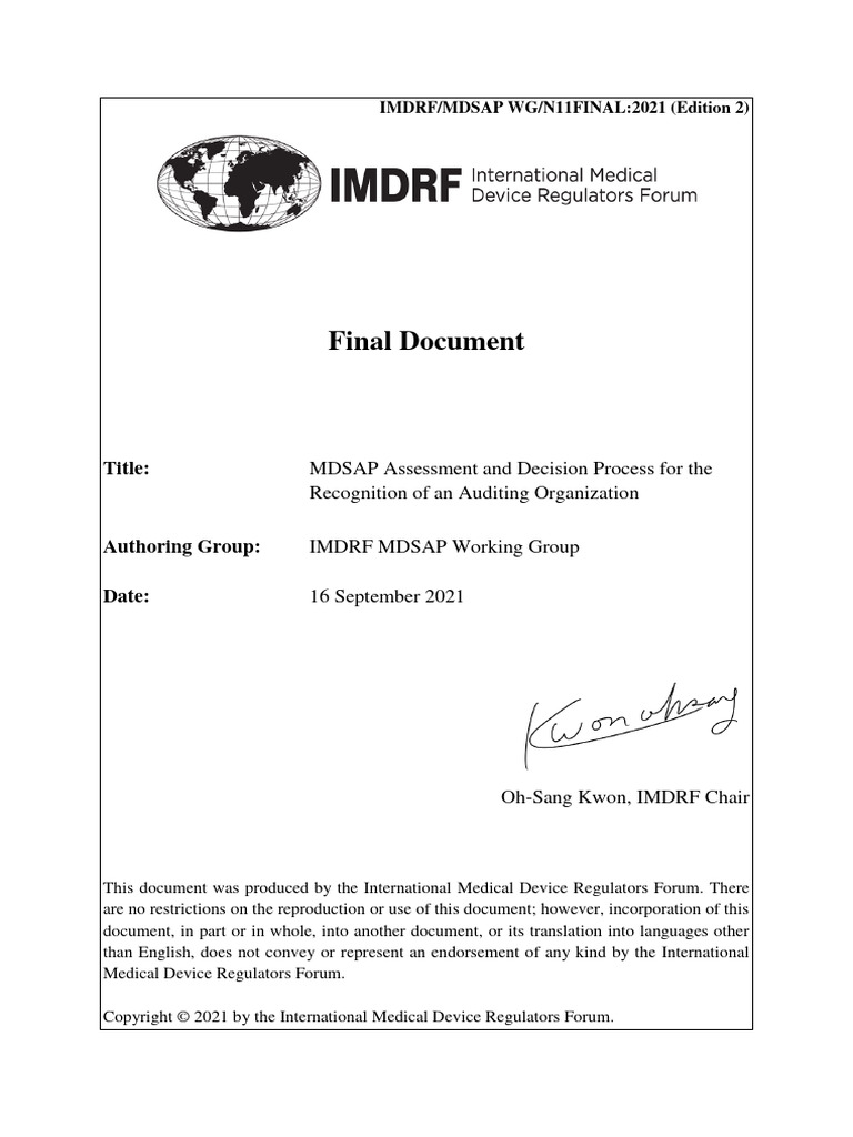 IMDRF MDSAP WG FD N11 (Edition 2) - 0921 | PDF | Medical Device | Audit
